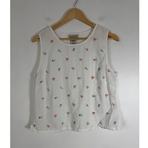 Cottagecore Freeport Studio Womens Med Tank Top White Linen Floral Embroidered